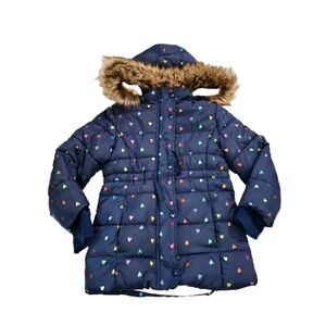 Members Mark Girls Cozy Puffer Navy Blue Foil Hearts Hooded Faux Fur 3T